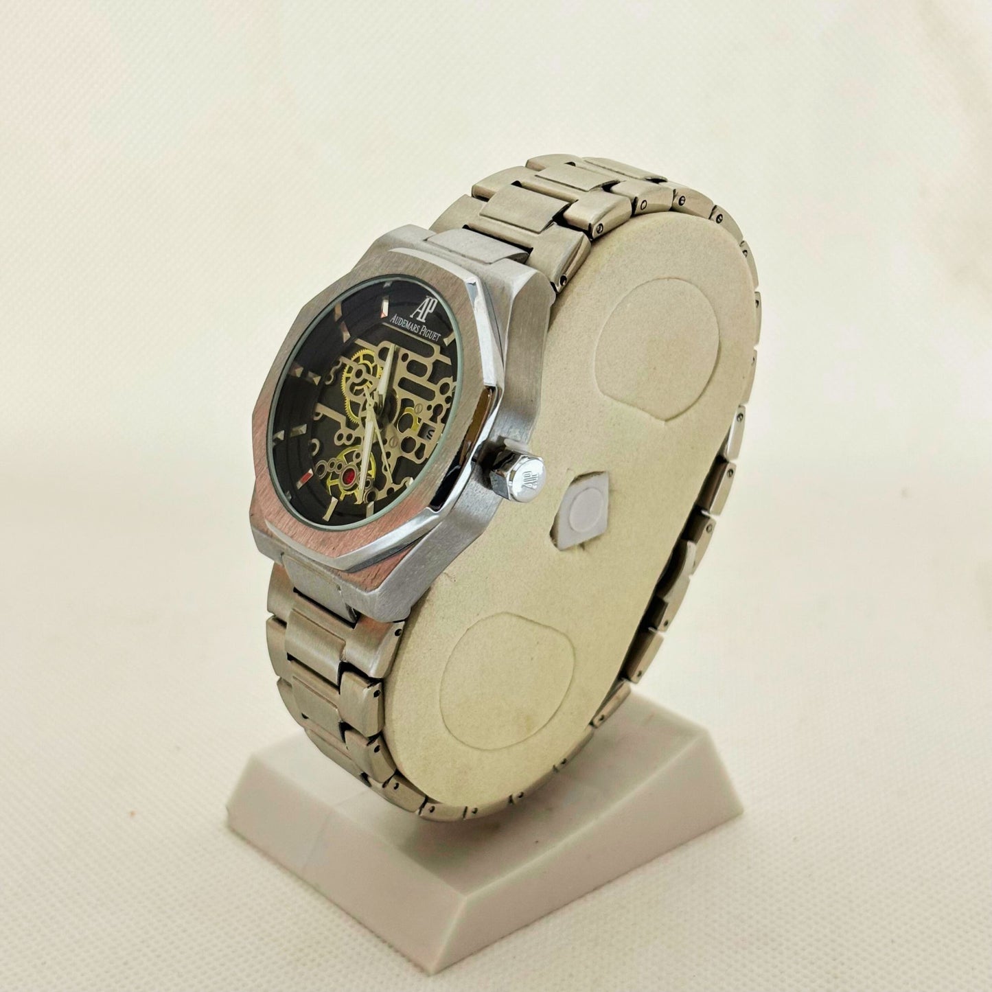 Side profile of men’s watch highlighting stainless steel case thickness and crown detail