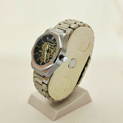 Side profile of men’s watch highlighting stainless steel case thickness and crown detail